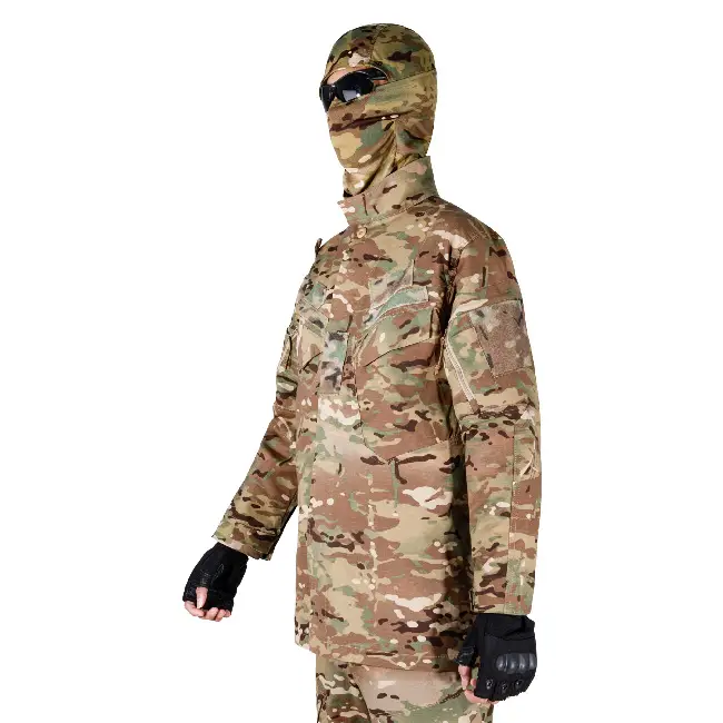 Custom multicam tactical jacket side profile view with matching balaclava
