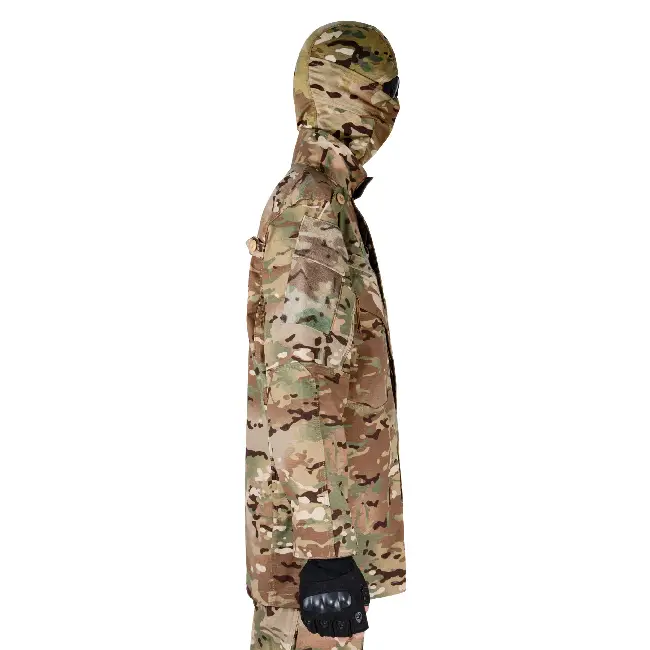 OEM multicam tactical suit side rear view, operator wearing camo balaclava