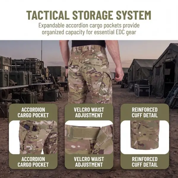 Multicam tactical pants infographic, tactical storage pocket system