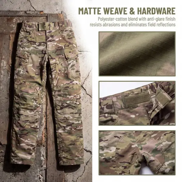 Multicam camouflage trousers feature graphic, matte weave fabric & hardware