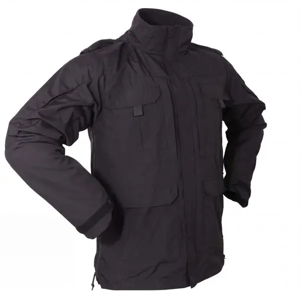 Tactical coat, black waterproof tactical parka shell angled view
