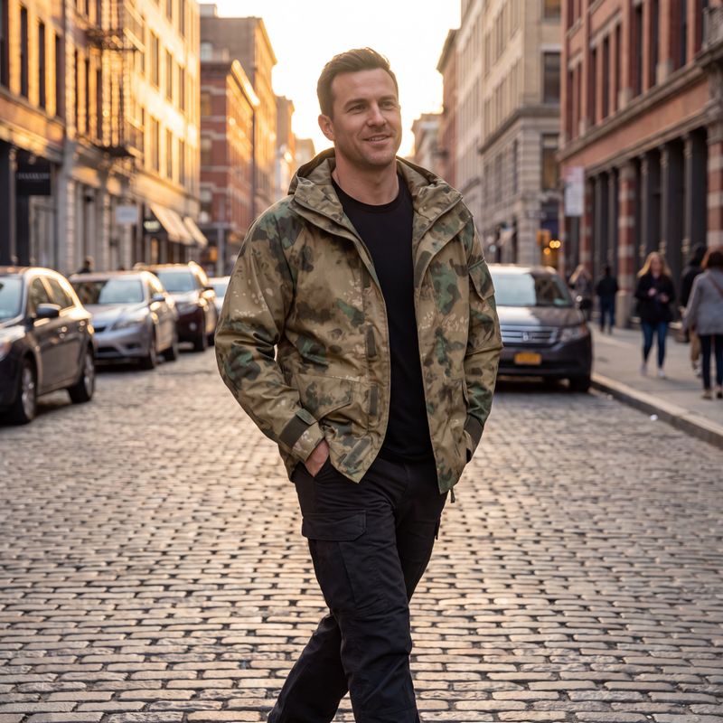 Male model wearing OEM A-TACS FG camo TC tactical hooded jacket, urban street lifestyle front shot