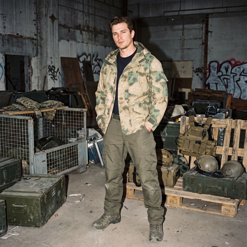 Man in A-TACS FG Foliage Green camo tactical jacket, warehouse military gear background