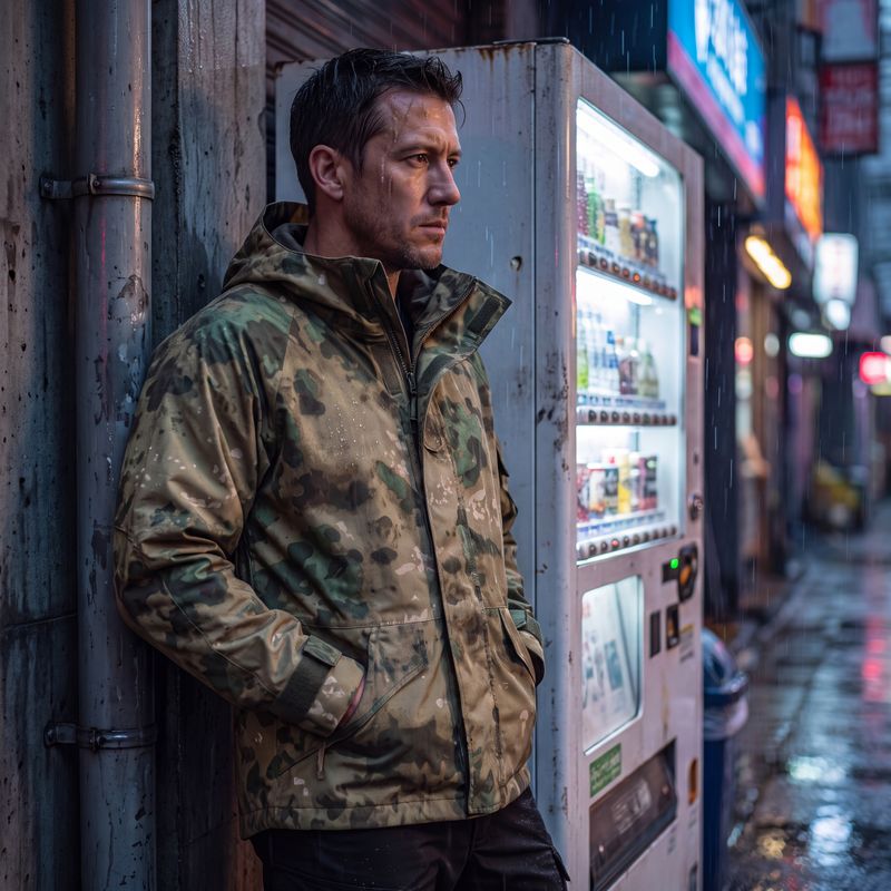 Male model side view, A-TACS FG camo TC tactical hooded jacket, rainy city street scene