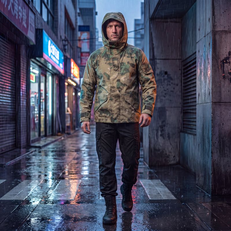 Man with hood up wearing OEM A-TACS FG camo tactical jacket on wet urban street