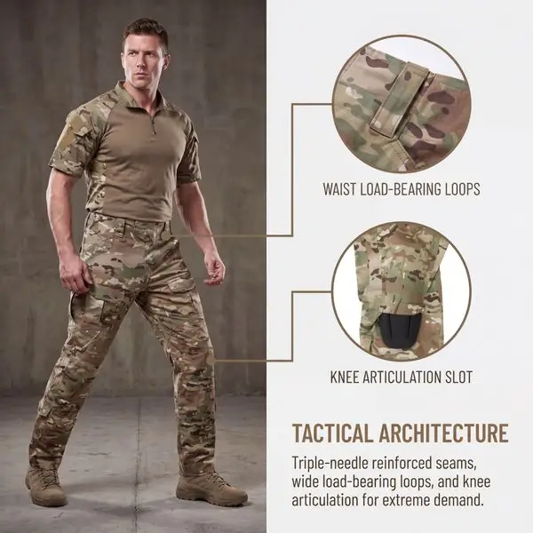 Multicam tactical trousers feature diagram & model display