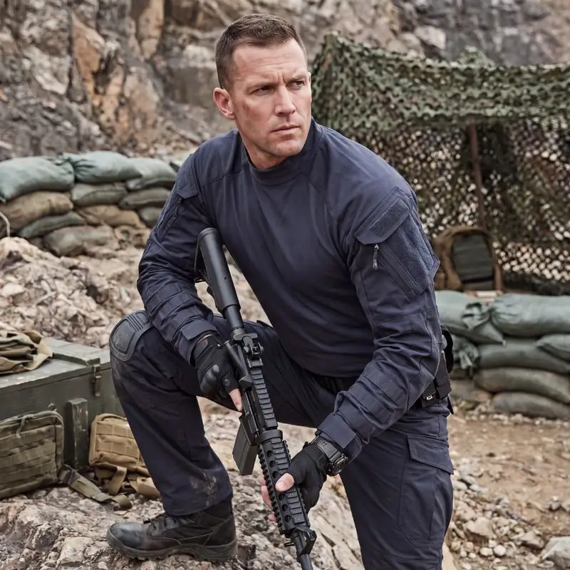 Man wearing navy tactical combat shirt crouching field training site