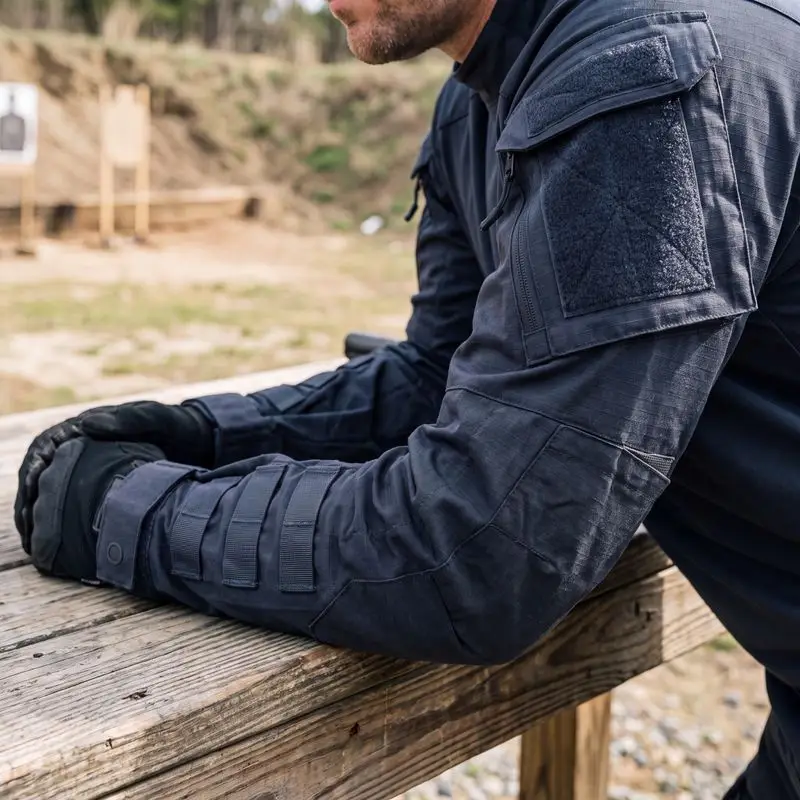 Male in navy tactical combat shirt lying prone on wooden platform tactical exercise