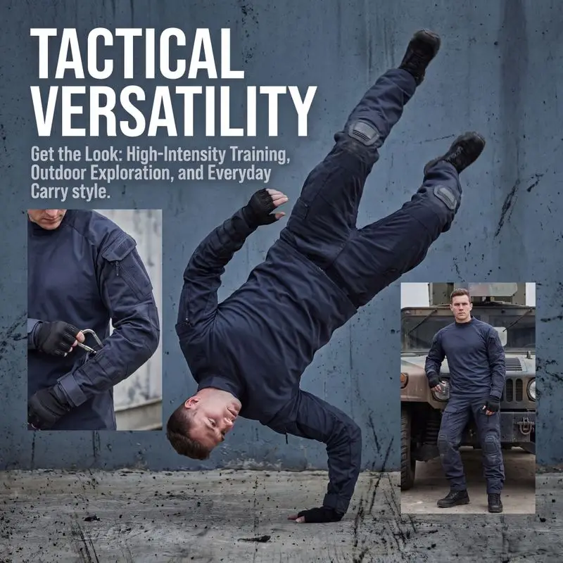 Tactical versatility graphic, man doing handstand wearing navy tactical combat shirt