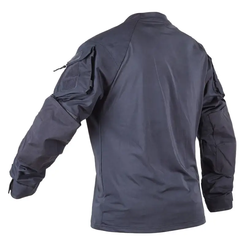 Rear view navy blue tactical combat shirt raglan shoulder