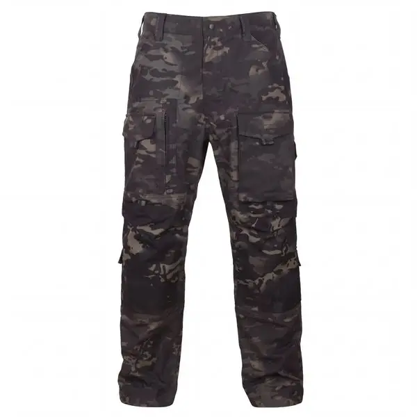 Multicam Black tactical combat pants front view, durable ripstop camouflage fabric