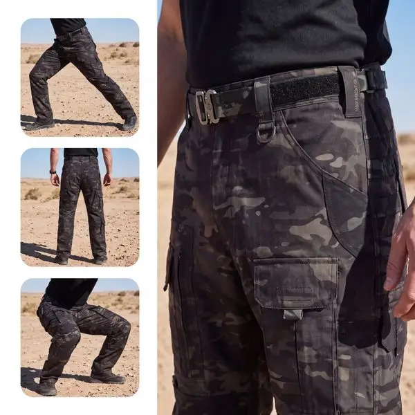 Multicam Black tactical pants mobility demo collage, ripstop polycotton