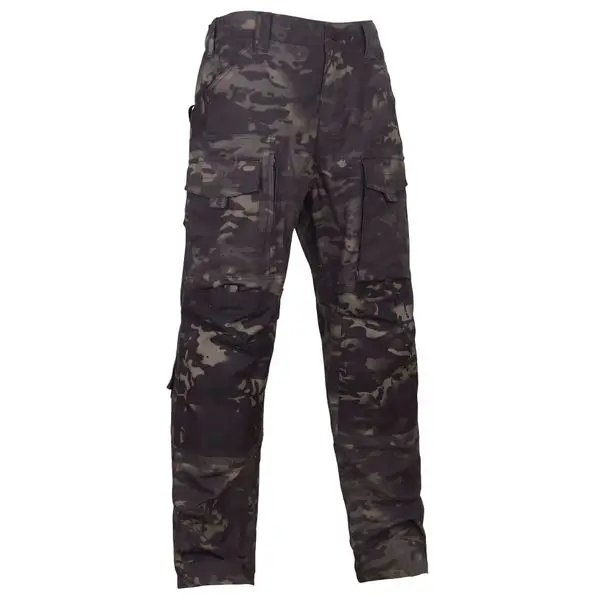 Multicam Black tactical combat pants rear view, ripstop poly cotton camo fabric