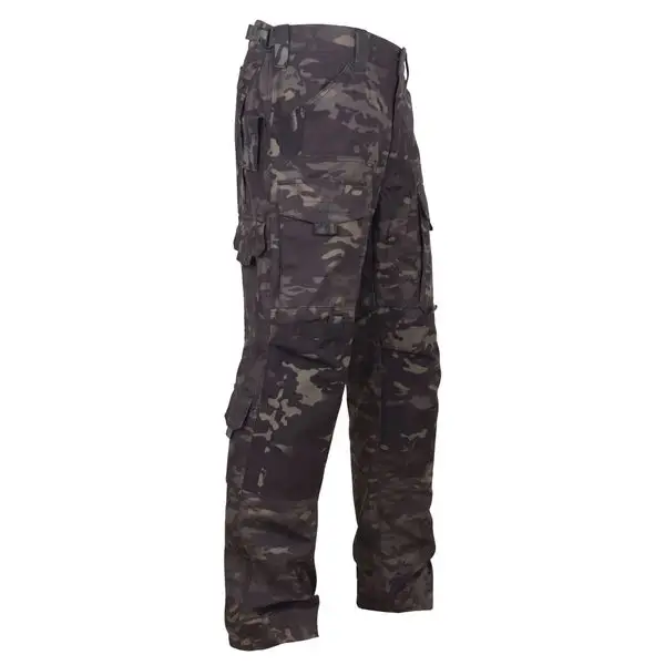 Multicam Black tactical cargo trousers side angle, tear-resistant polycotton textile