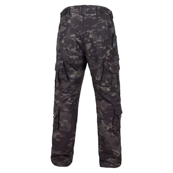 Multicam Black tactical combat pants back view, ripstop poly cotton camo fabric
