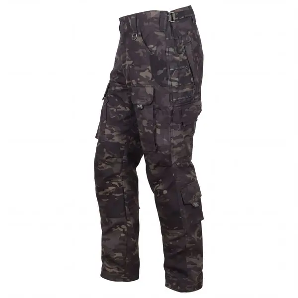 Multicam Black tactical cargo trousers side angle, tear-resistant polycotton textile