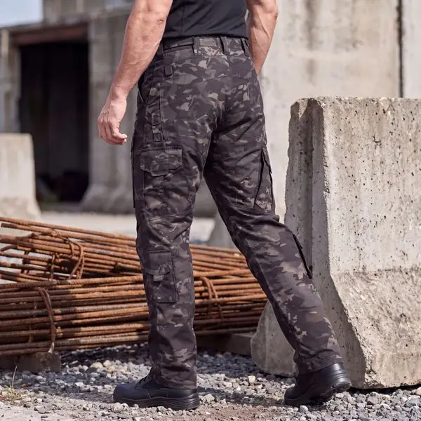 Multicam Black tactical trousers outdoor rear view, ripstop camo fabric