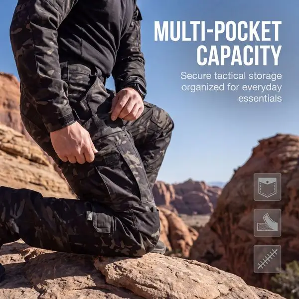 Multicam Black tactical field pants kneeling shot, heavy-duty polycotton