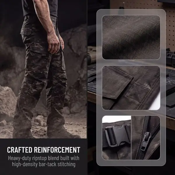 Multicam Black combat pants multi-pocket feature graphic, ripstop fabric