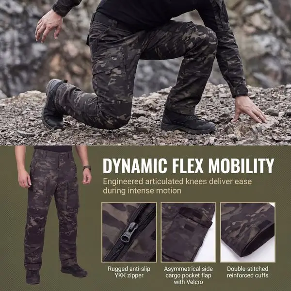 Multicam Black tactical pants flex mobility infographic, reinforced knees