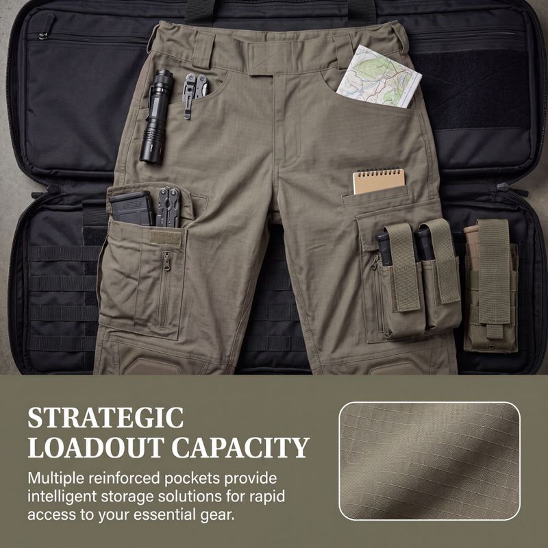 Tactical cargo pants laid flat with tactical gear and fabric sample