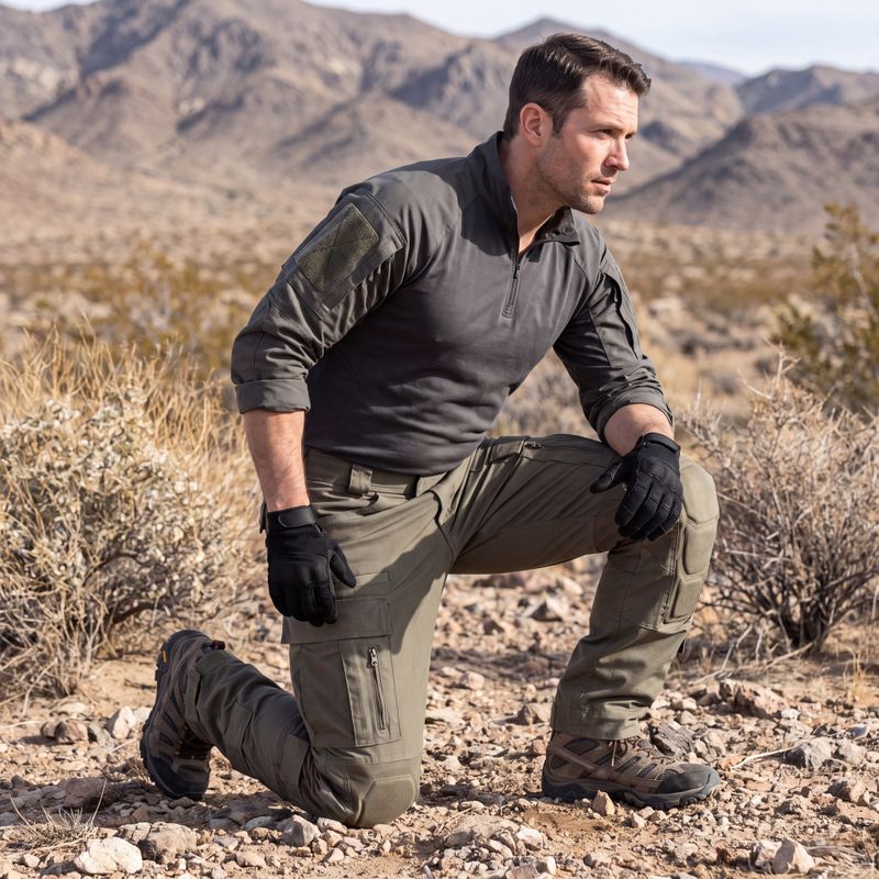 Wholesale tactical cargo pants, operator kneeling in desert terrain