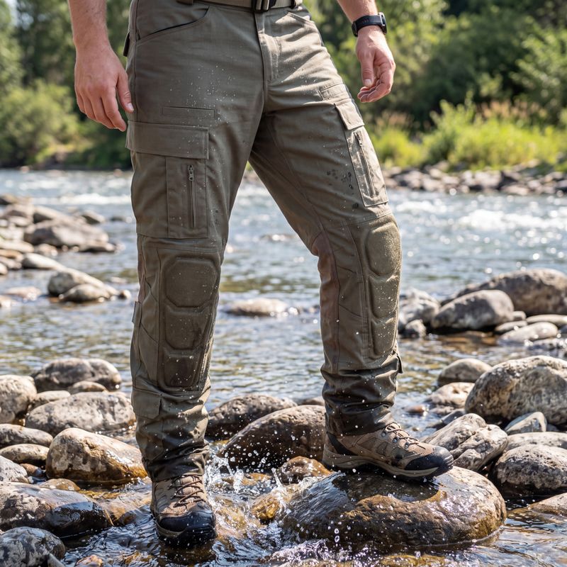 OEM tactical combat pants model walking across stream