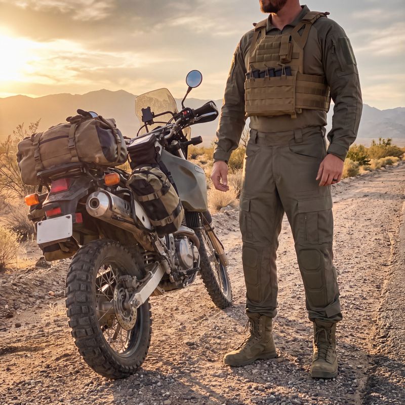 OEM ranger green tactical pants worn by operator with tactical vest and motorcycle
