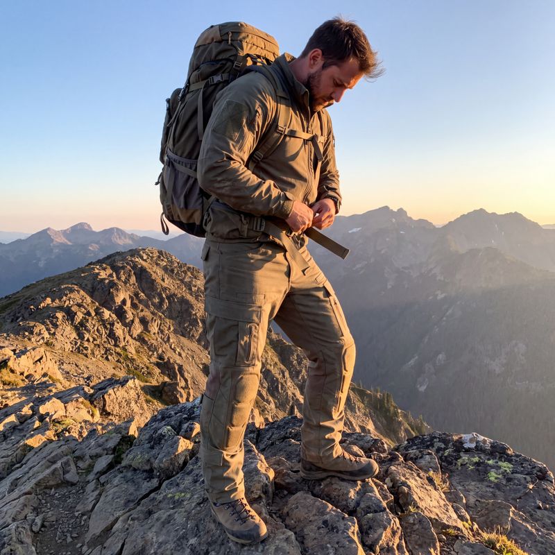 Ripstop combat trousers outdoor mountain hiking scene with backpack