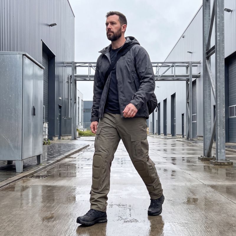 Bulk tactical trousers, model walking beside industrial building