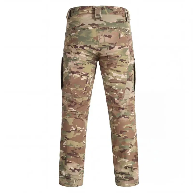 Multicam camouflage tactical pants back view, rear zipper pocket reinforced stitching