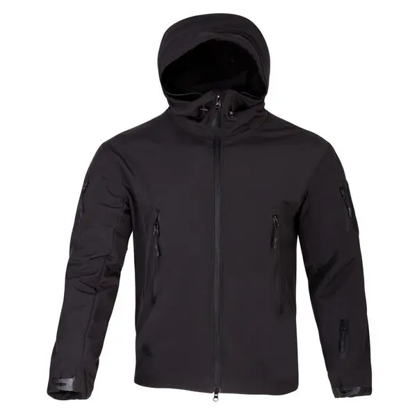 Front view black tactical softshell hooded jacket, multi zipper pockets OEM factory product