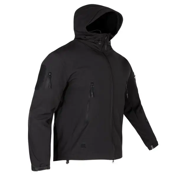 Black OEM tactical softshell jacket side view, shark skin hooded coat with arm hook and loop patch