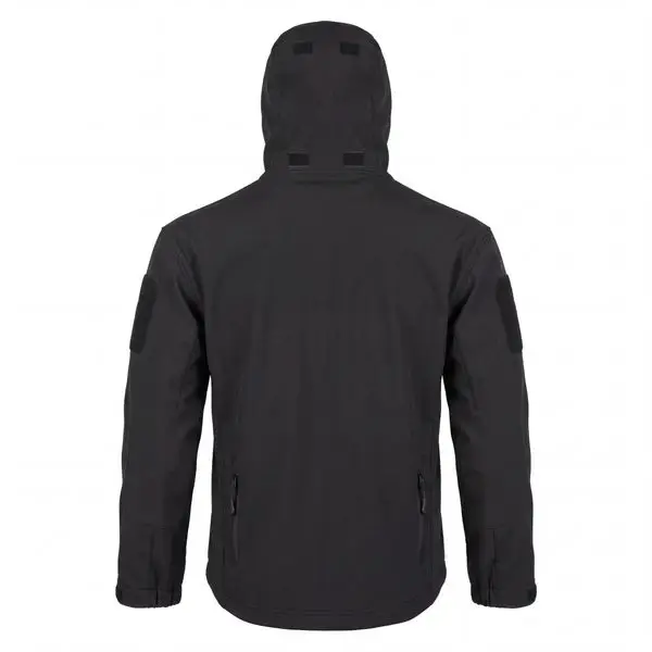 Back view black tactical shark skin softshell jacket, adjustable hood wholesale outerwear
