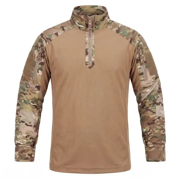 Tactical apparel, multicam quarter zip combat shirt front view hook loop panel