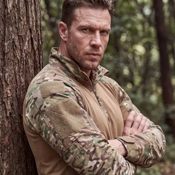 Tactical shirt, multicam raglan combat shirt outdoor portrait shot