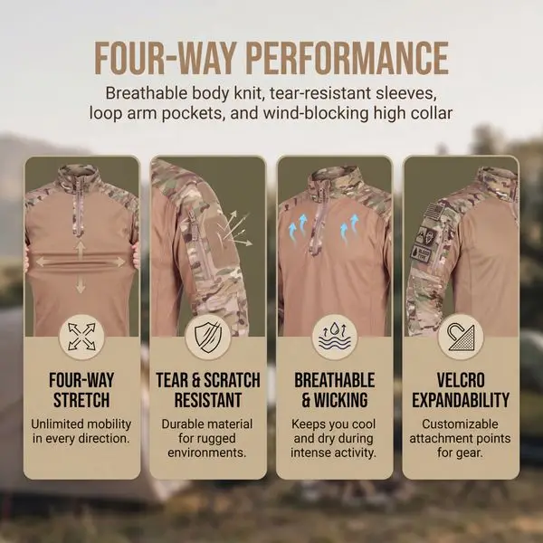 Tactical outer top, four-way stretch multicam combat shirt articulation