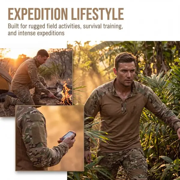 Tactical apparel, multicam combat shirt expedition field lifestyle display