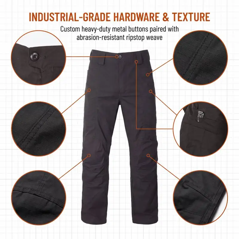 Rugged tactical pants ripstop fabric metal button detail