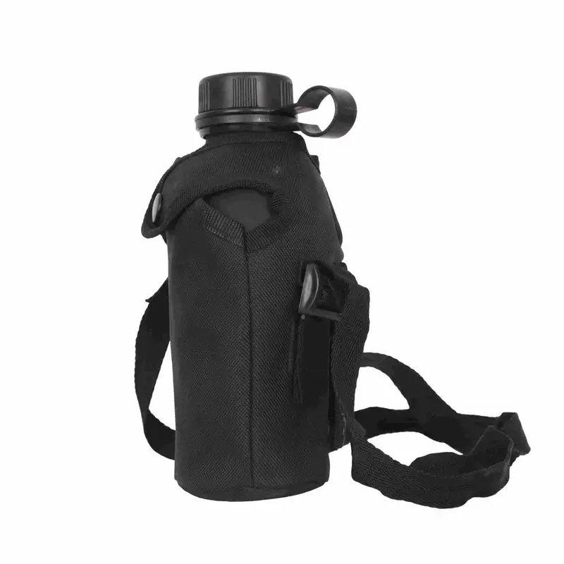 Black tactical canteen cover angled side view with strap
